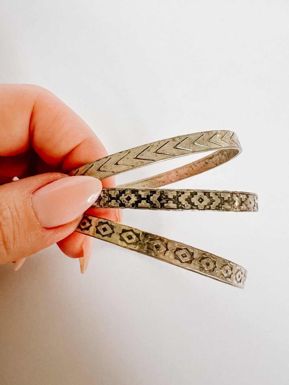 Set of 3 Silver Tone Boho Southwestern Etched Cuff Bangle Bracelets